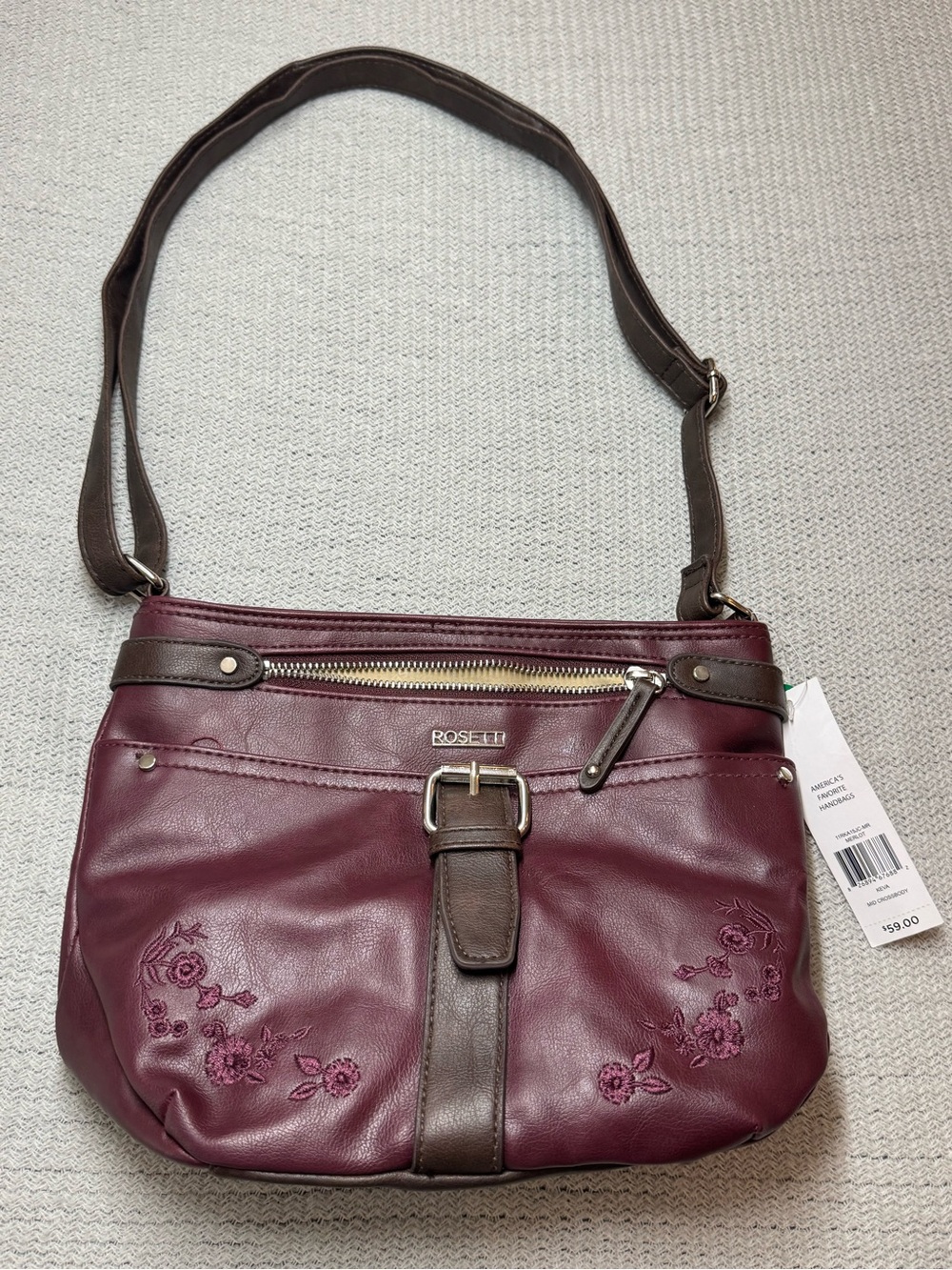 Rosetti Plum Floral Shoulder Bag with Brown Trim